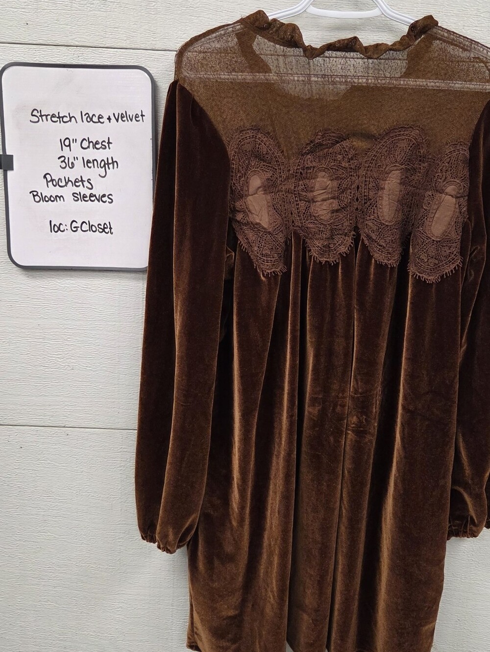 Brown Stretch Velvet Lace Yoke Mini Dress Medium - Picture 8 of 9